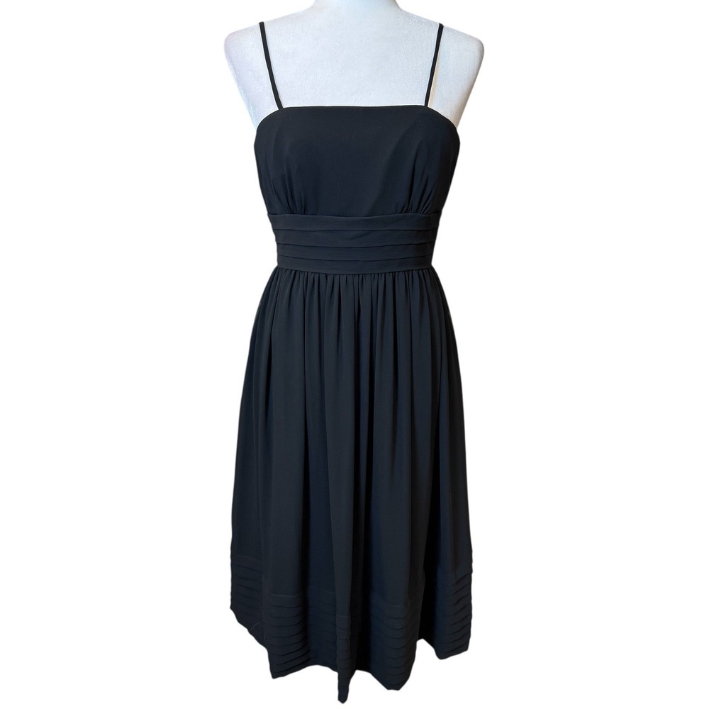 Wtoo by Watters Black Chiffon Cocktail Midi Dress 6 Spaghetti Strap Empire Waist